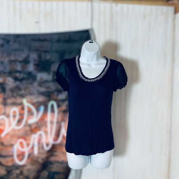 URE, SIZE 1. NAVY BLOUSE WITH BLACK SHEER SLEEVES. - Picture 1 of 13